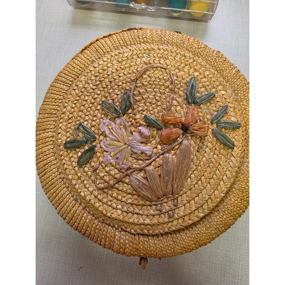 Vintage Woven Straw Sewing Basket Red Lining Raffia Floral Embroidery Round 9